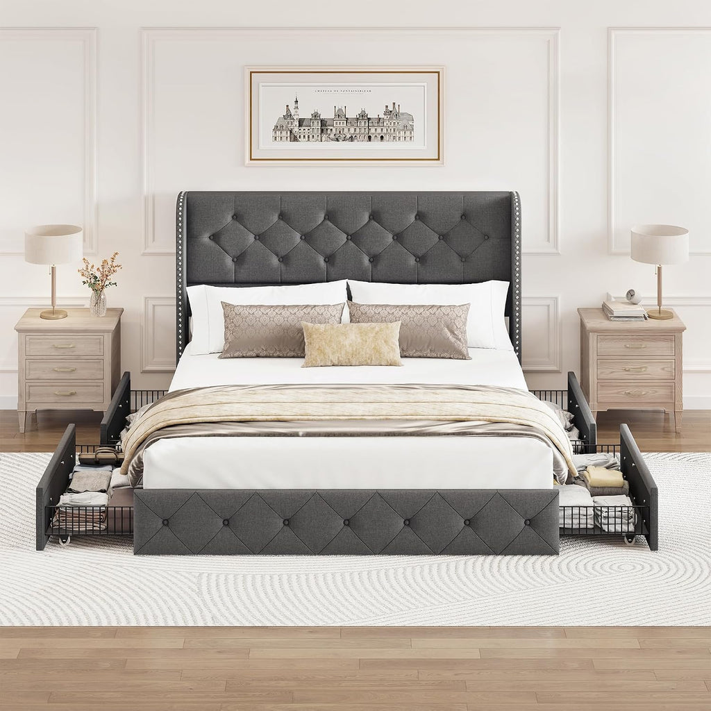 BRELTAM Queen Size Bed Frame with Storage Drawers and Wingback Headboard Linen Upholstered Platform Bed Frame Tufted Beds with Heavy Duty Wood Slats, Noise Free, Easy Assembly, Grey