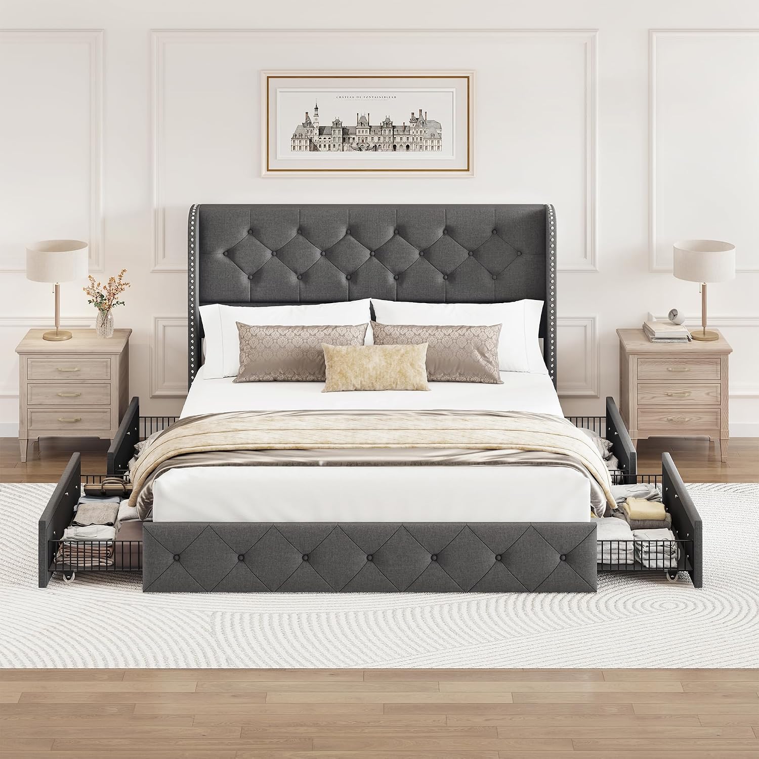 BRELTAM Queen Size Bed Frame with Storage Drawers and Wingback Headboard Linen Upholstered Platform Bed Frame Tufted Beds with Heavy Duty Wood Slats, Noise Free, Easy Assembly, Grey