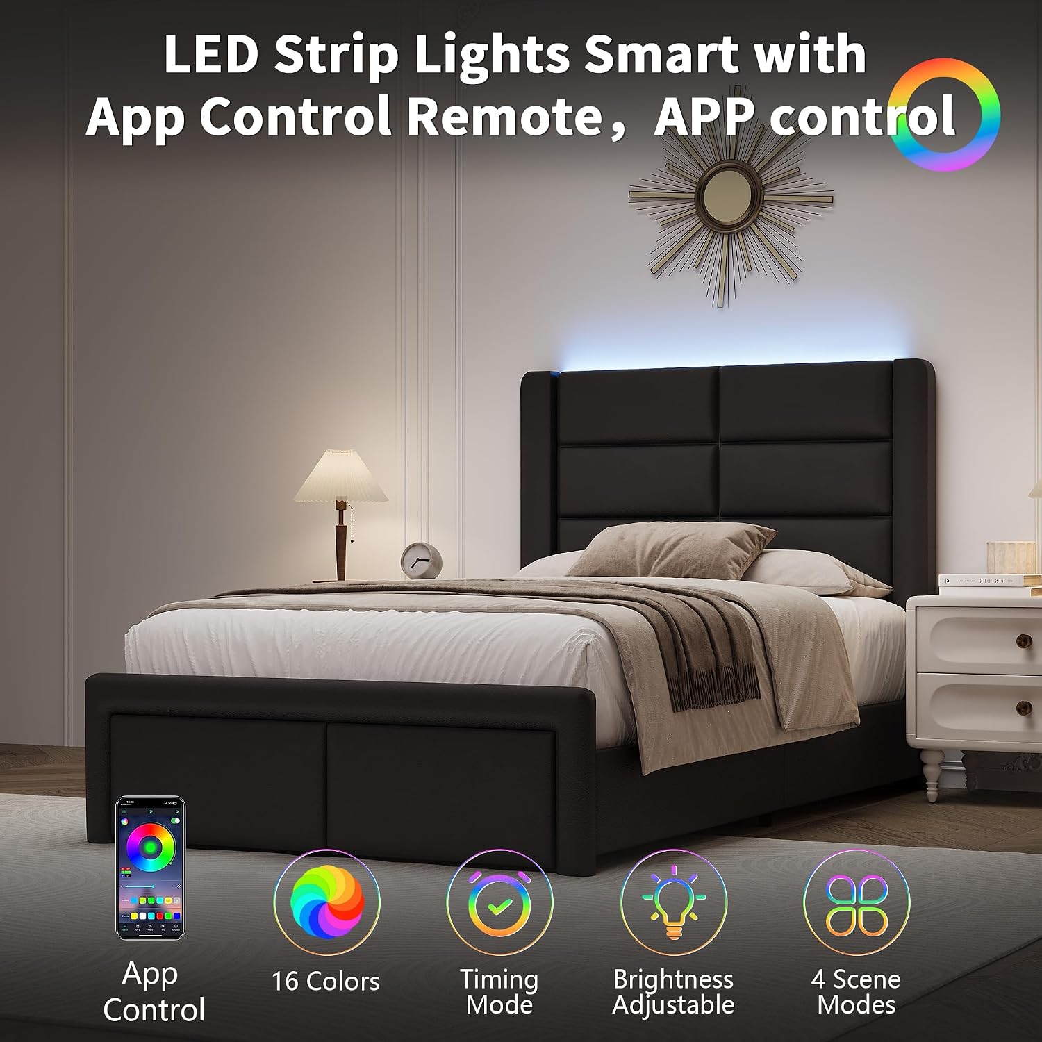 Twin Bed Frame with Headboard and LED Lights, Modern Faux Leather Upholstered Bed Frame with Wooden Slats Support and Heavy Duty Mattress Foundation, No Box Spring Needed, Easy Assembly, Black
