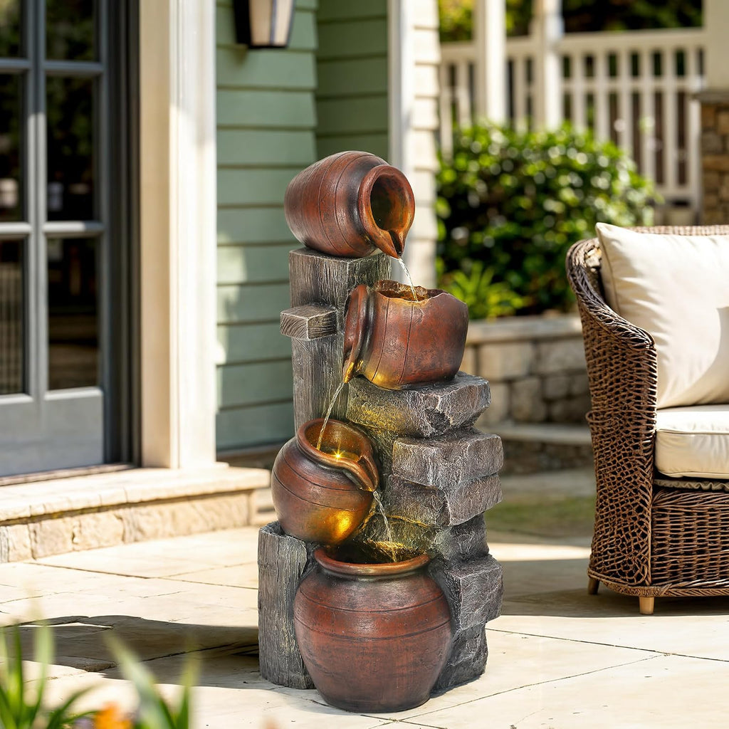 31.5' H Outdoor Water Fountain with LED Lights and Pump, Cascading Pitchers Farmhouse Garden Fountain Waterfall for Patio, Porch, or Yard