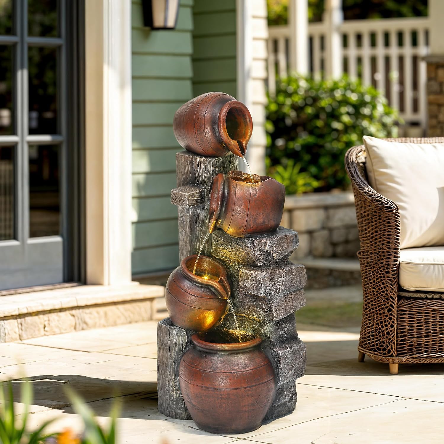 31.5' H Outdoor Water Fountain with LED Lights and Pump, Cascading Pitchers Farmhouse Garden Fountain Waterfall for Patio, Porch, or Yard