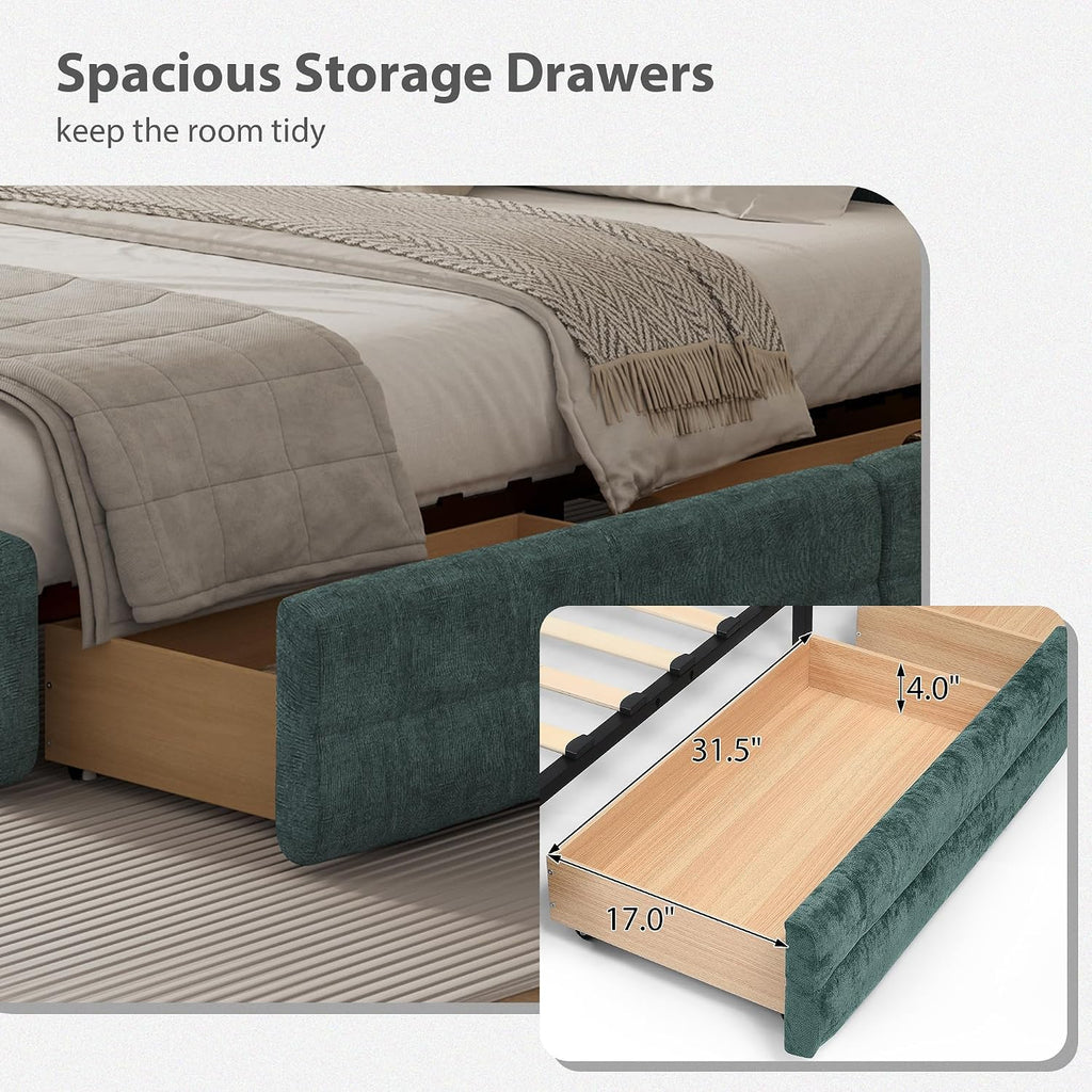 DEINPPA King Size Bed Frame with 4 Storage Drawers and Cloud Soft Headboard, Chenille Upholstered Grounded Wood Base Bed Frame, No Box Spring Needed-Blue+Green