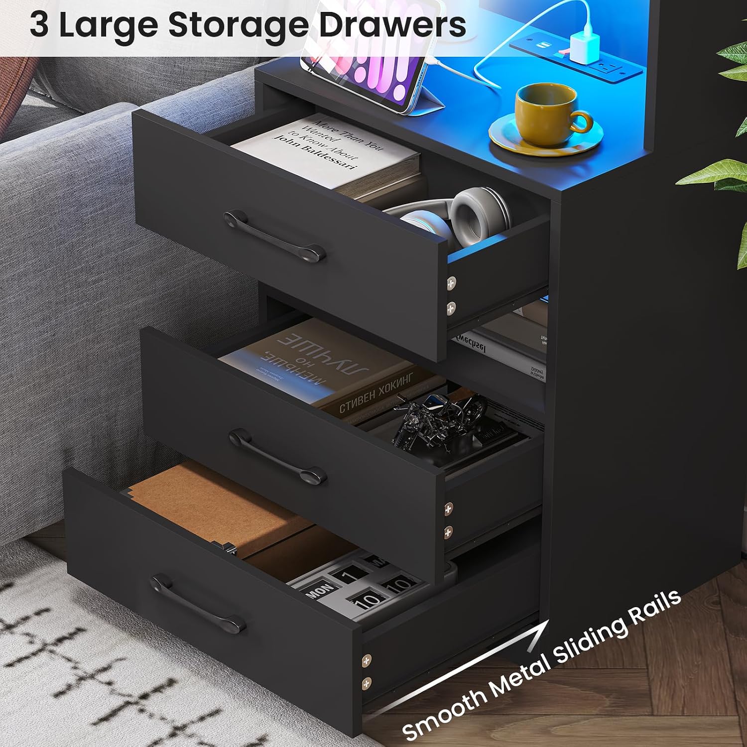 VIAGDO Tall Nightstand Set of 2 with Charging Station and LED Lights, Black Night Stand Set 2 with Bookshelf, Modern LED Bedside Tables with 3 Drawers and Storage Shelves, Side Tables for Bedrooms