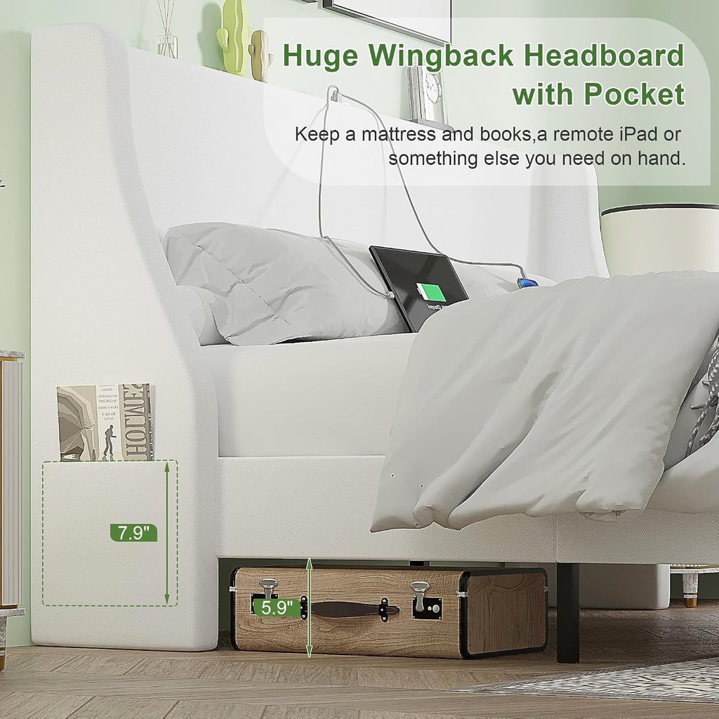 VECELO Full Bed Frame with Upholstered Wingback Headboard, Heavy-Duty Platform Bedframe with Charging Station & Side Pockets, No Box Spring Needed, White
