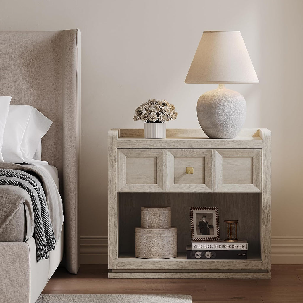 SICOTAS Night Stand Set 2, 26' Wide Nightstands with Drawer, Large Queen Size Nightstands Set of 2, Modern Bedside Table for Bedroom, Side End Table, Grey White Oak