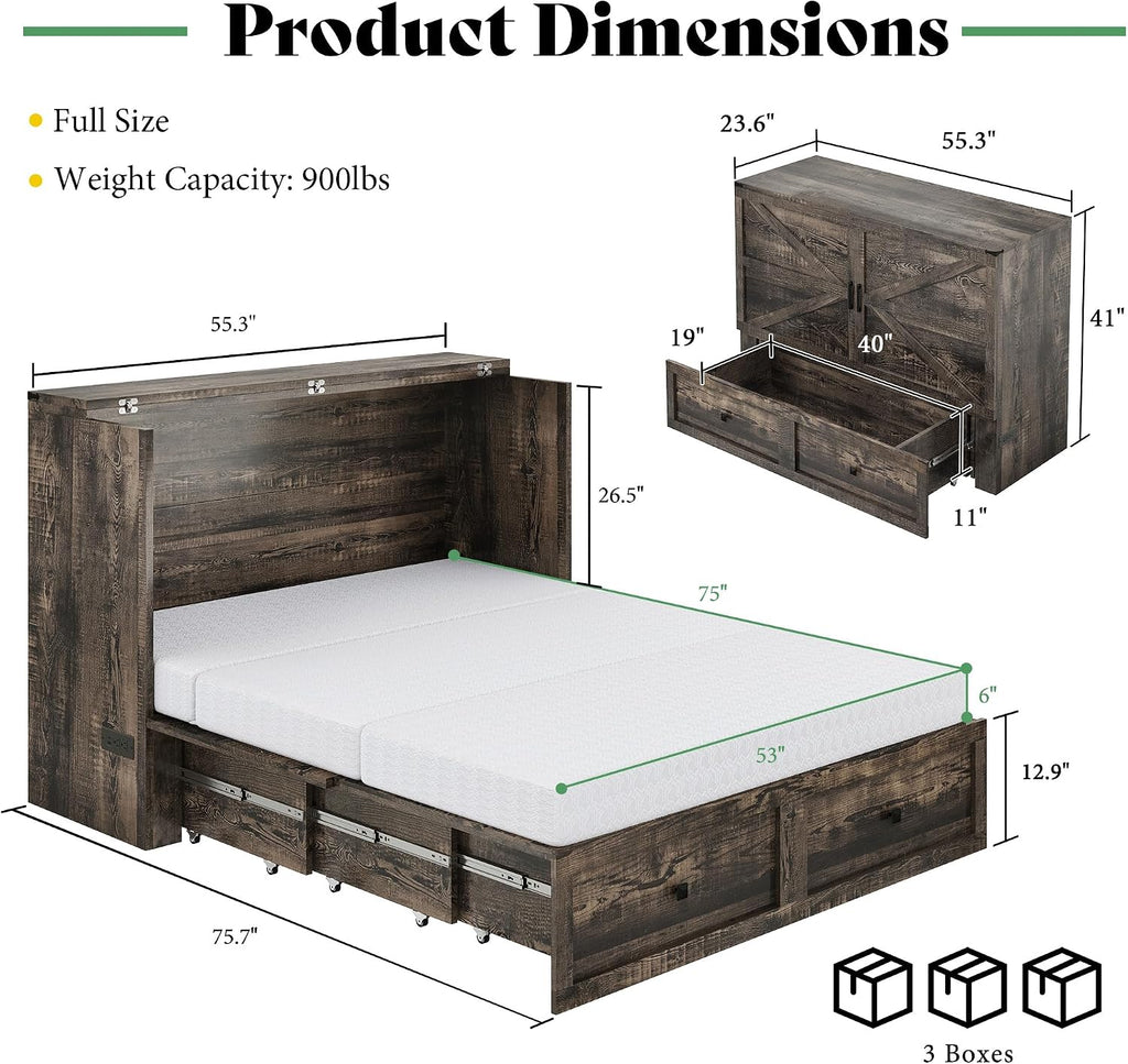 LUXOAK Full Murphy Bed with 6' White Tri-Fold Memory Foam Mattress, Storage Drawer & Charging Station, Space-Saving Design for Home Office or Guest Room, Black Oak