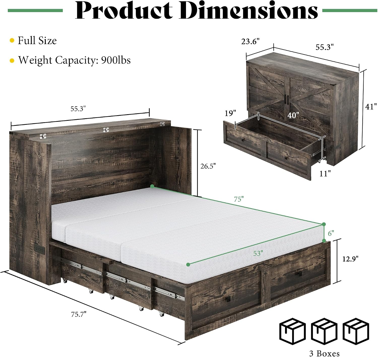 LUXOAK Full Murphy Bed with 6' White Tri-Fold Memory Foam Mattress, Storage Drawer & Charging Station, Space-Saving Design for Home Office or Guest Room, Black Oak