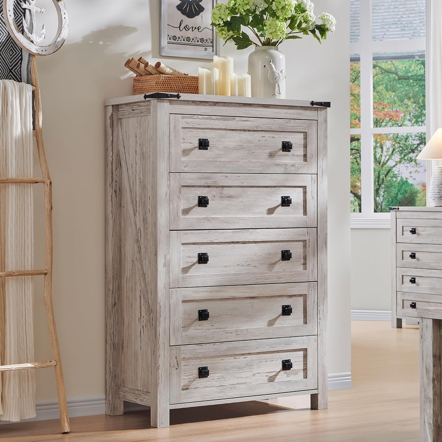 RedLemon Farmhouse 5 Drawer Dresser, 48' Tall Rustic Chest of Drawers, Wood Dresser for Bedroom, Living Room, Hallway, Antique Brush White