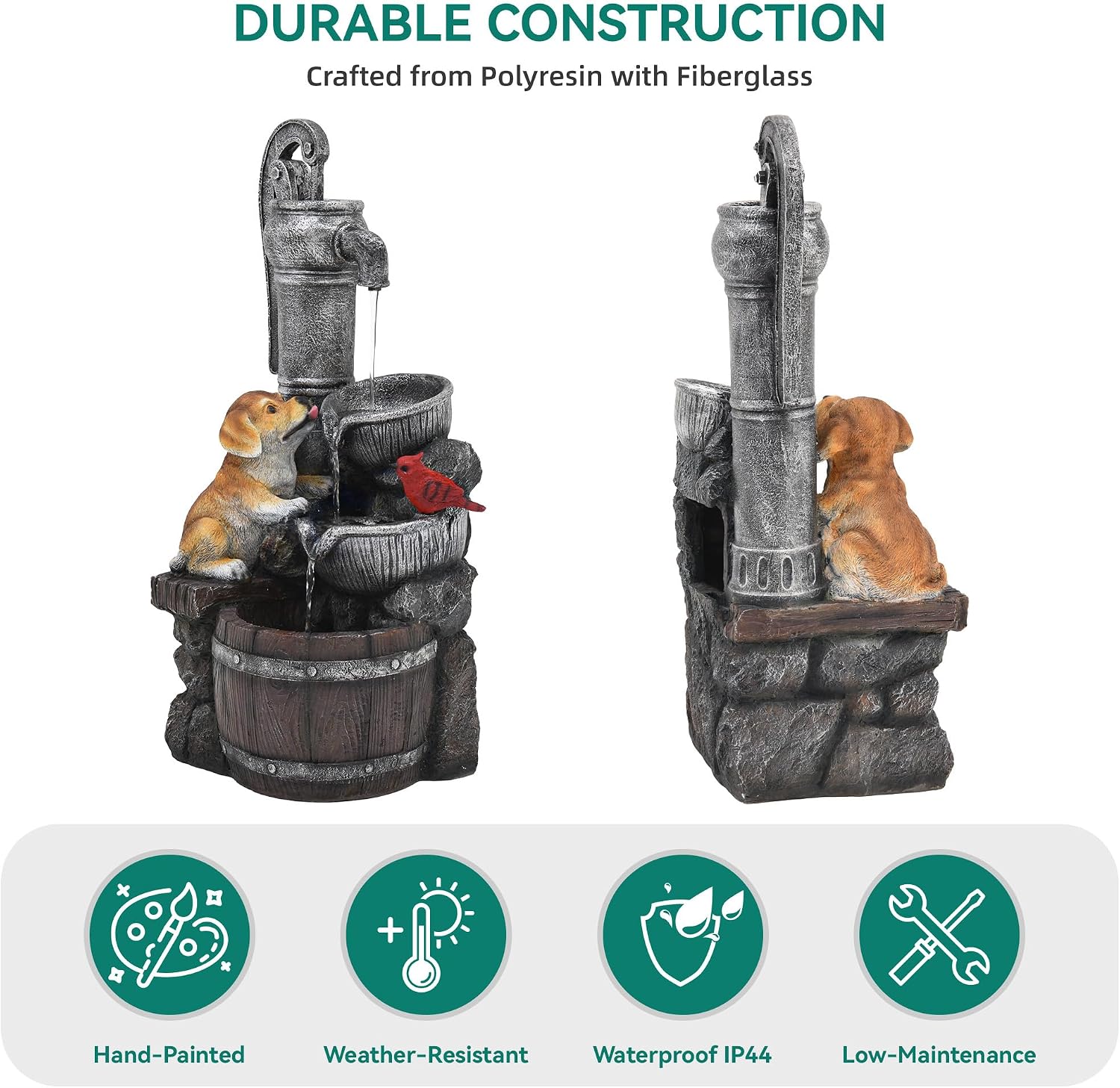 30' Puppy & Red Bird Outdoor Fountain, 3-Tier Pastoral Water Feature with LED Lights, Resin Two Bowls & Wooden Barrel Soothing Cascading Waterfall for Patio, Backyard, Garden