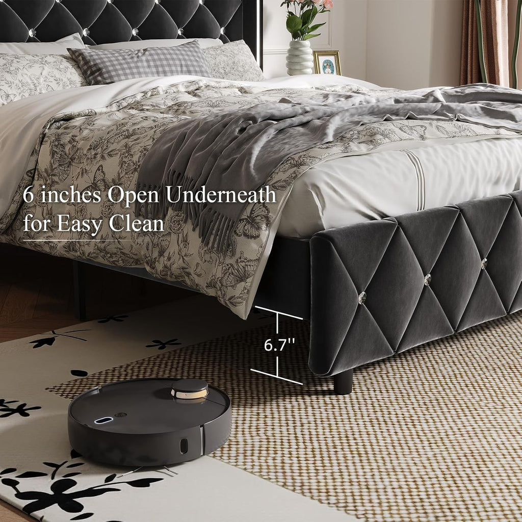 HOMBCK Queen Bed Frame with Headboard, Velvet Upholstered Bed with Wingback and Diamond Tufted Design, Wood Slat Support, No Box Spring Needed, Black