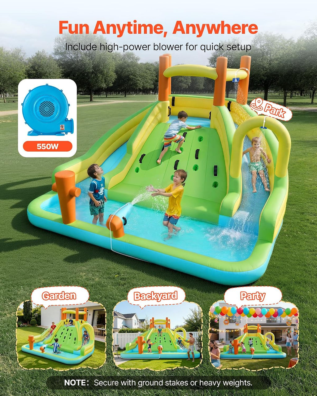 VEVOR Inflatable Water Slide Bounce House with Blower, Compact 5-in-1 Kids Bouncy Castle with Slide, Splash Pool, Climbing Wall, Basketball Hoop & Bounce Area for Kids