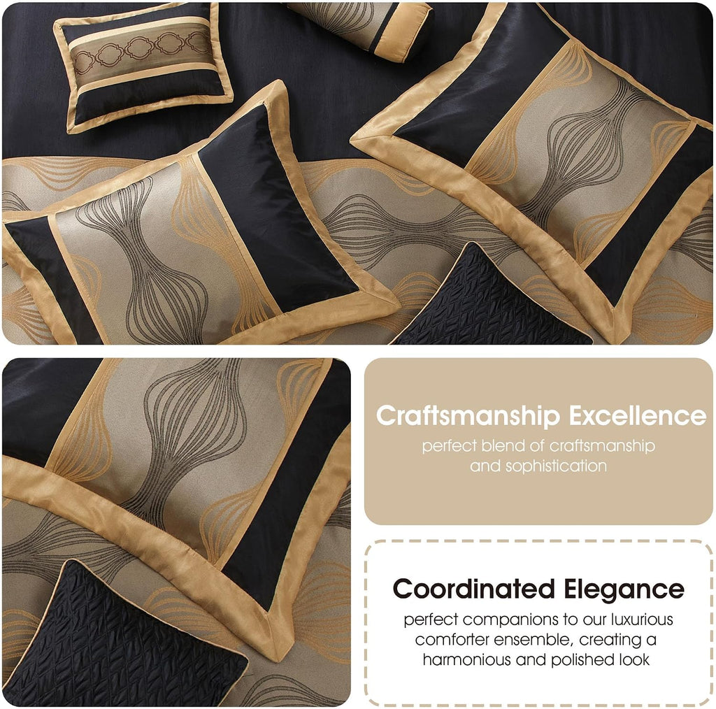 Grand Avenue Elegant Black and Gold Comforter Set King Size, Striped,15 Piece Room-in-A-Bag, Jacquard Bedding Set, All Season, Matching Decorative Pillows, Pillow Sham, Curtains