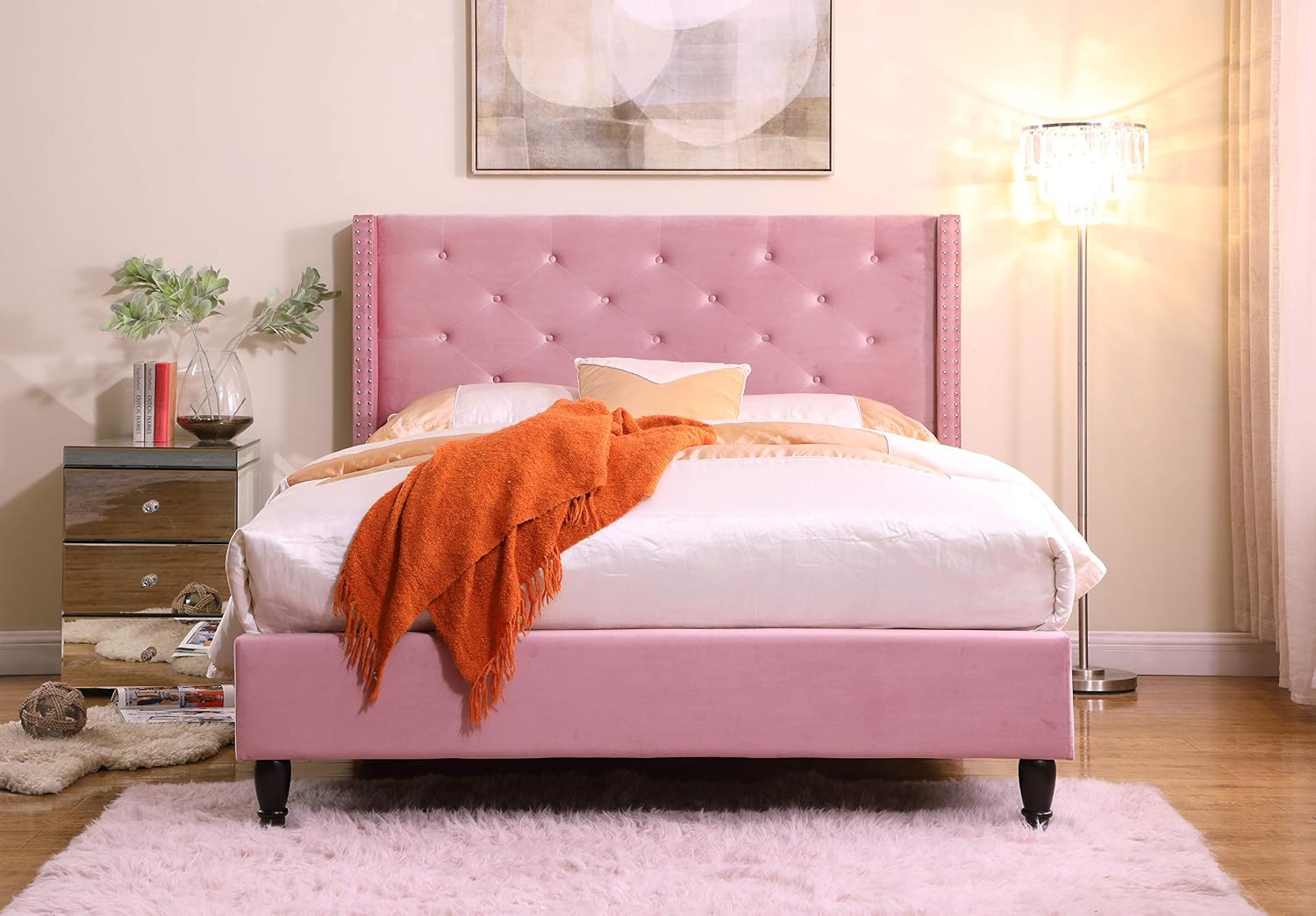 HomeLife Premiere Classics Velour Pink 51' Tall Headboard Slats Full-5 Year Warranty Included 007 Platform Bed
