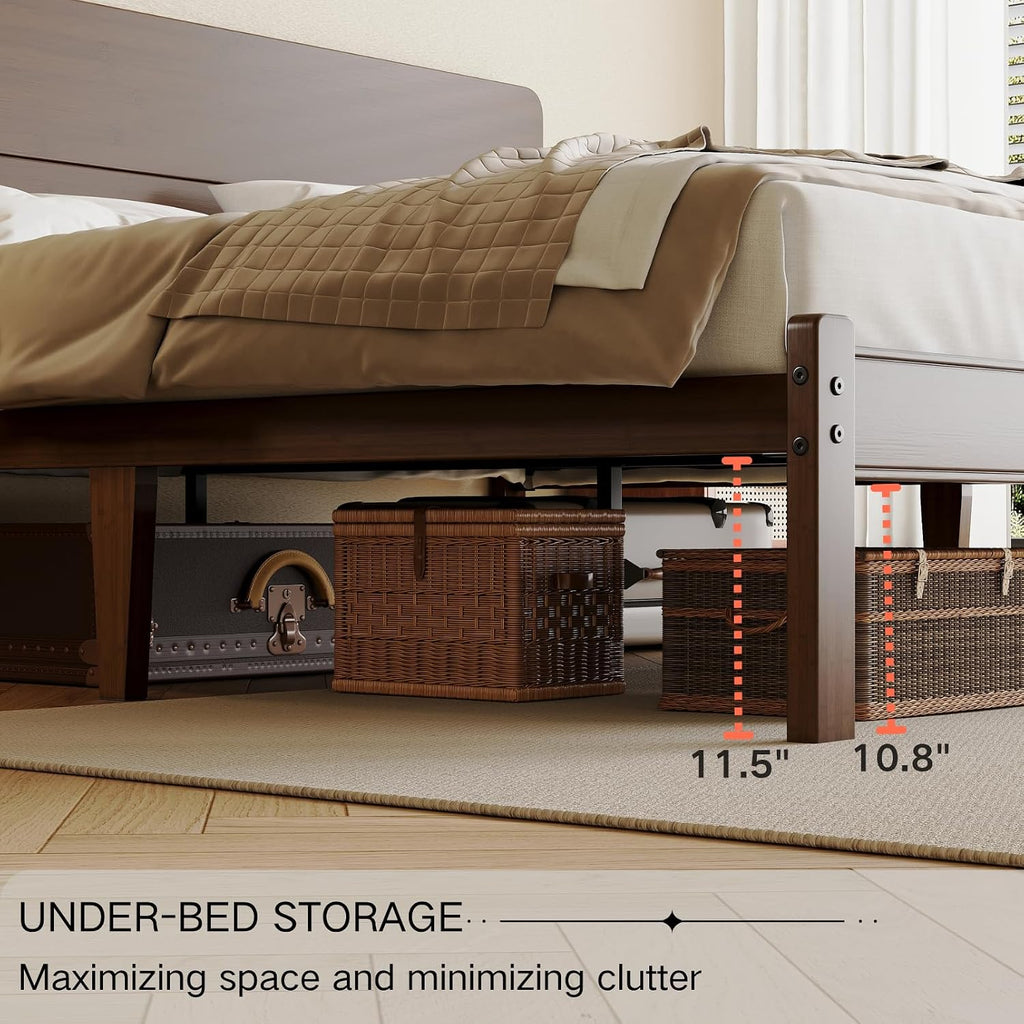 14 Inch High Solid Bamboo Wood Twin Bed Frames with Headboard, Heavy Duty Metal Slat Support, Easy Assembly, No Box Spring Needed