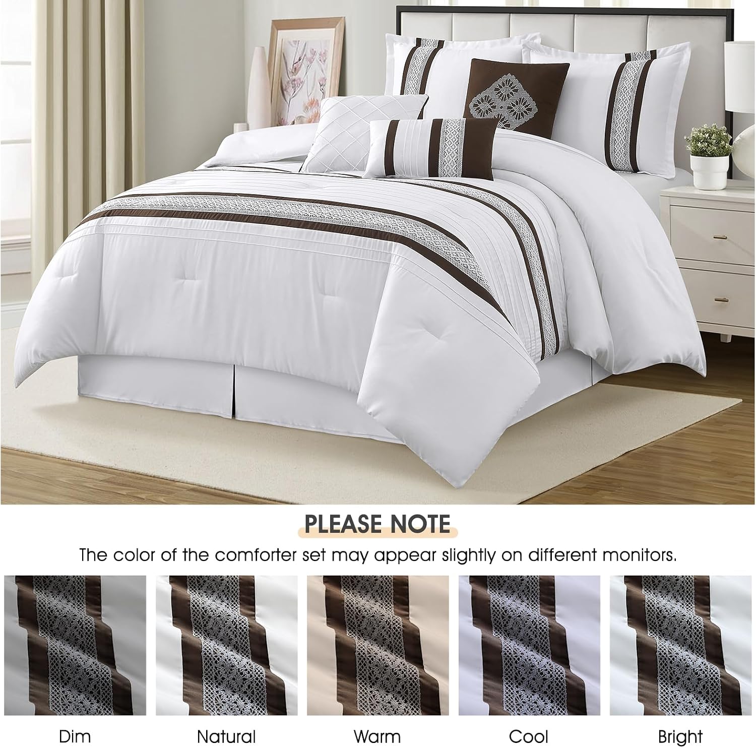 LANCO MODERN LIFESTYLE 7 Piece Comforter Set, Coffee White, Queen Size, Boho Style Geometric Microfiber Embroidery, Bed in a Bag with Bedskirt, Pillow Shams and Decor Pillows