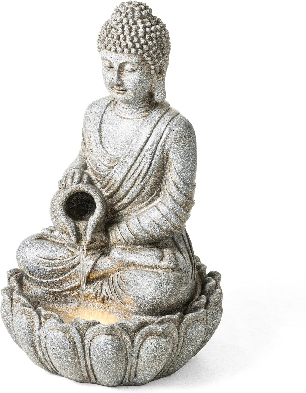 Glitzhome Buddha Fountain Outdoor 20.5' H, 2-Tier Zen Style Concrete Meditating Buddha Statues Water Fountains with Pump & LED Light, Buddhas Floor Fountains Sculpture for Garden Patio Backyard