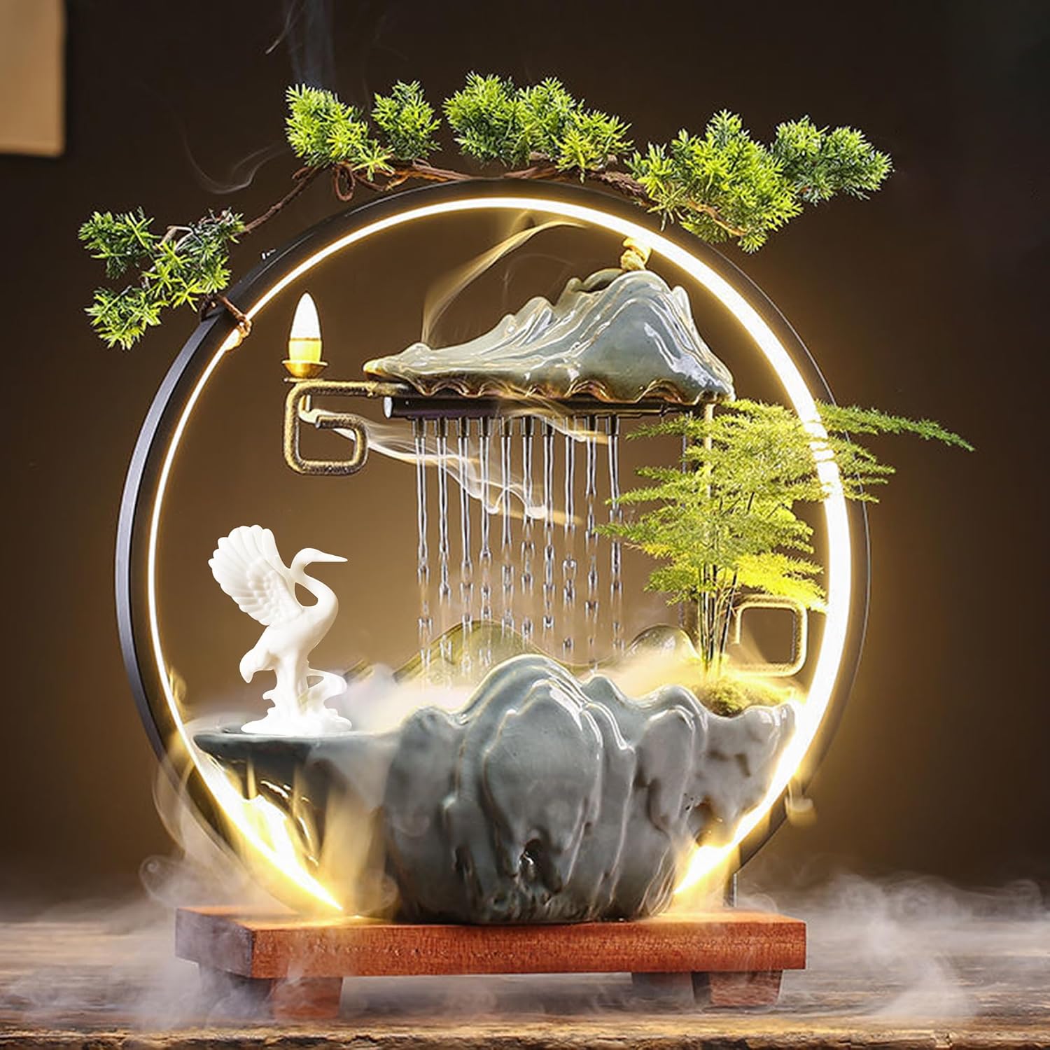 Tabletop Water Fountain Indoor Animals Desktop Waterfall Fountain with Lights Mist Backflow Incense Holder Meditation Relaxing Indoor Zen Decor for Home, Office (Peacock, Horse & Crane)