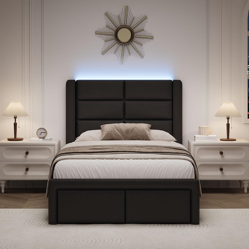 Twin Bed Frame with Headboard and LED Lights, Modern Faux Leather Upholstered Bed Frame with Wooden Slats Support and Heavy Duty Mattress Foundation, No Box Spring Needed, Easy Assembly, Black