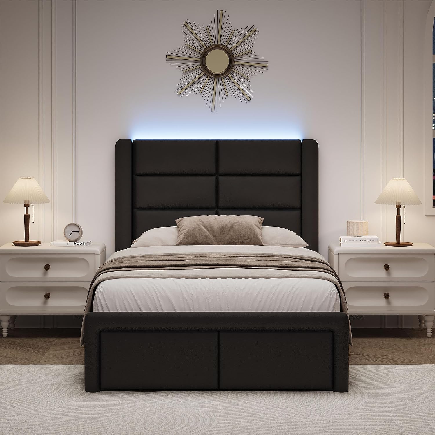 Twin Bed Frame with Headboard and LED Lights, Modern Faux Leather Upholstered Bed Frame with Wooden Slats Support and Heavy Duty Mattress Foundation, No Box Spring Needed, Easy Assembly, Black