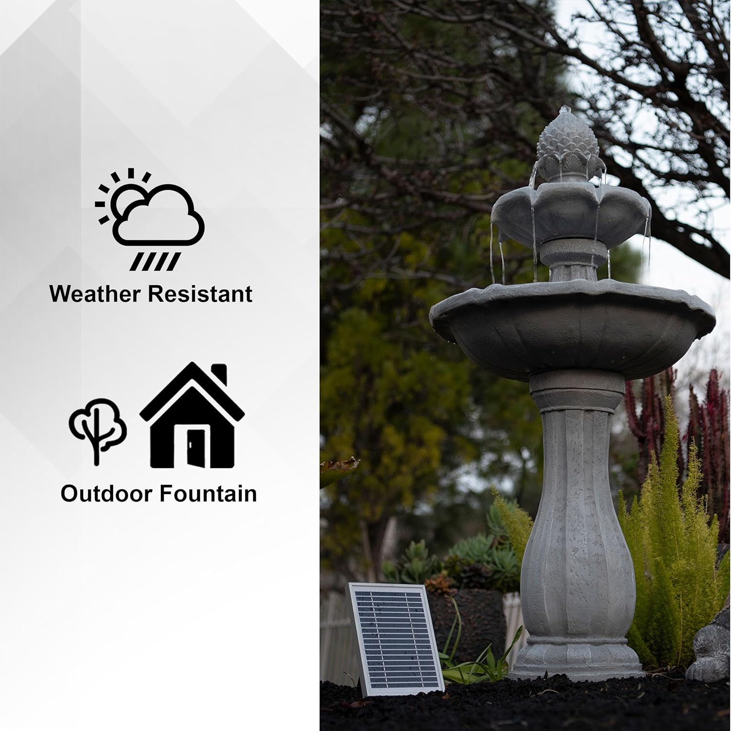 XBrand 44' Tall White Fiberglass/Resin 2-Tiered Solar Water Fountain w/Solar Panel and Auto-Shut Off Pump for Home Garden Yard Decor