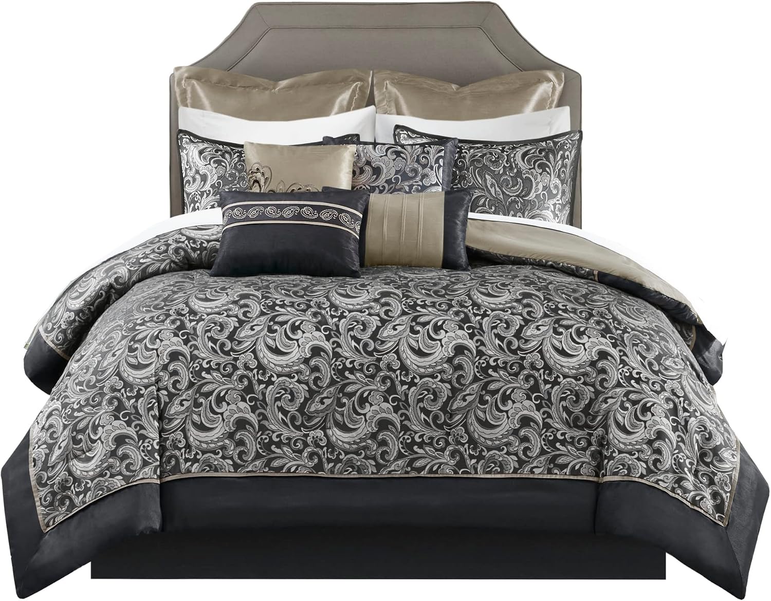 Madison Park Essentials Brystol 24 Piece Room in a Bag Faux Silk Comforter Jacquard Paisley Design Matching Curtains Down Alternative All Season Bedding-Set, Queen(90 in x 90 in), Black 24 Piece