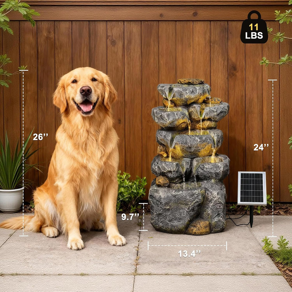 Solar Water Fountain Outdoor Garden, 24' H Cascading Stone Design 5 Tier Rock Feature Outdoor Fountains Waterfalls with Light, Pump Solar Panel for Patio, Deck, Porch, Backyard Home Décor