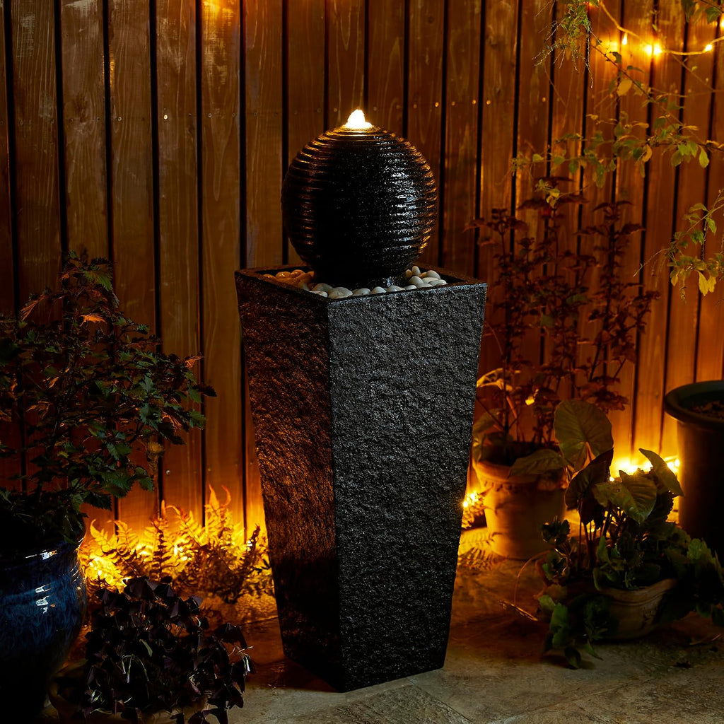 Glitzhome Outdoor Water Fountain with LED Light, Oversized Decorative Black Pedestal Water Fountains with Submersible Pump, Modern Sphere Floor Fountain with Pebbles for Garden Patio Decor, 40.25' H