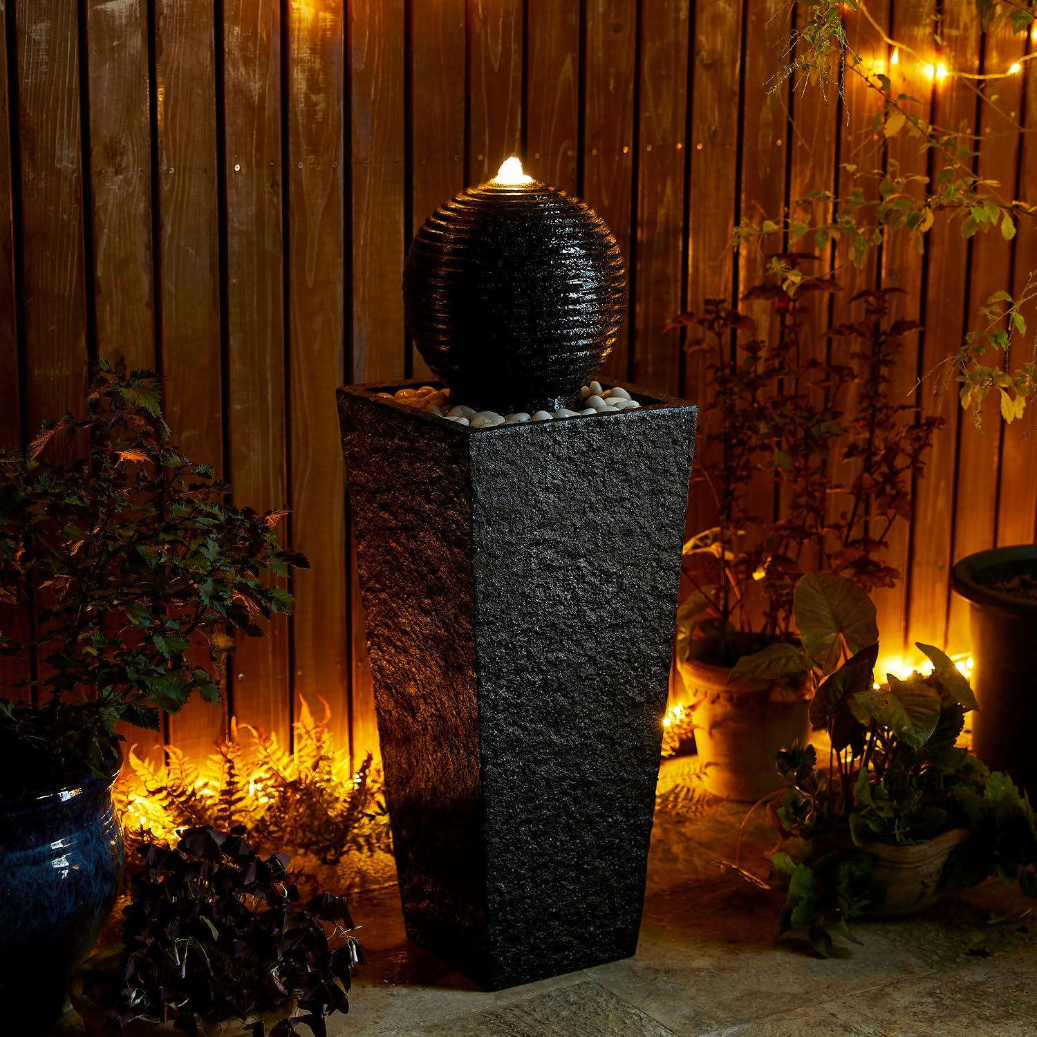 Glitzhome Outdoor Water Fountain with LED Light, Oversized Decorative Black Pedestal Water Fountains with Submersible Pump, Modern Sphere Floor Fountain with Pebbles for Garden Patio Decor, 40.25' H
