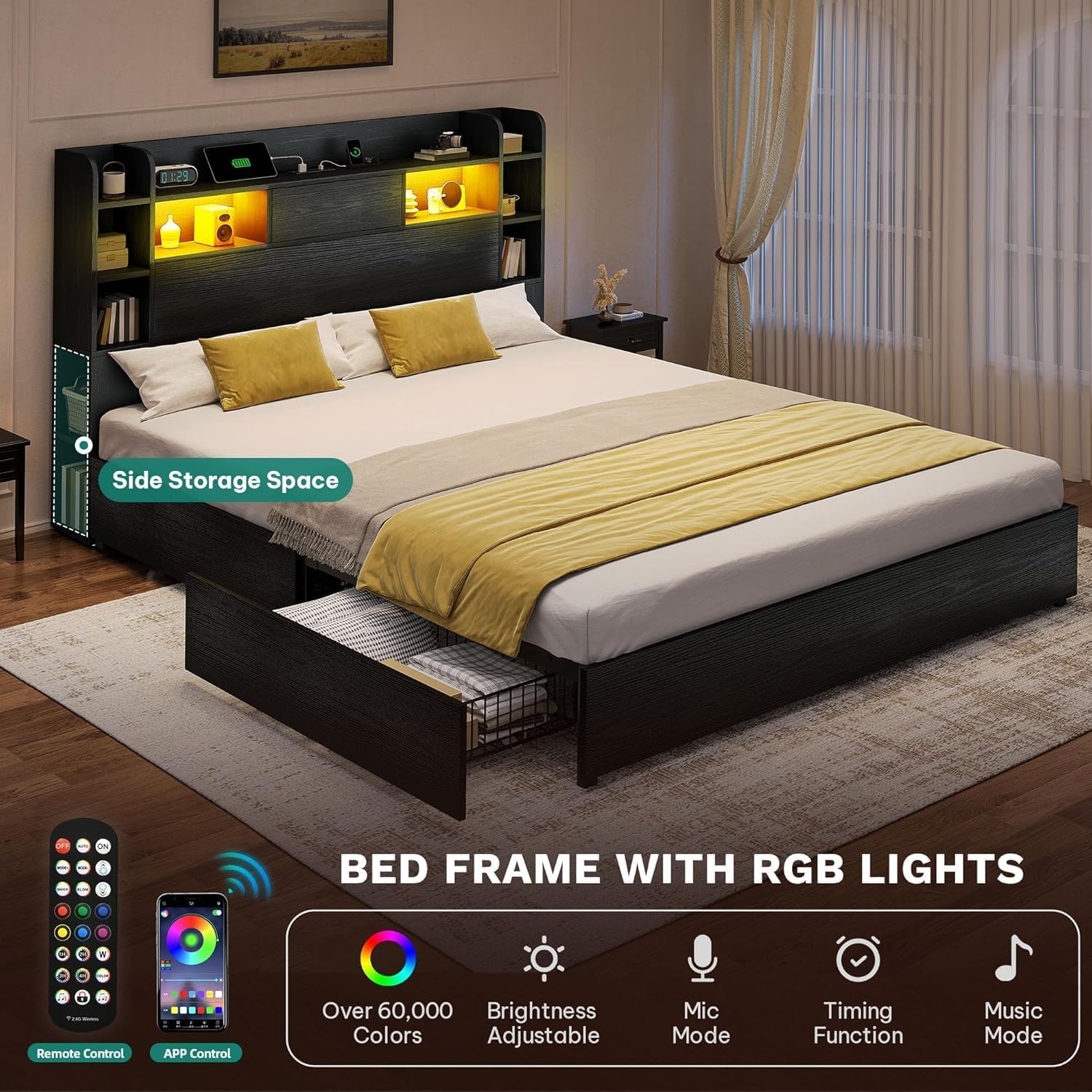 DWVO Queen Size Bed Frame with Bookcase Headboard and 4 Storage Drawers, RGB LED Bed Frame with Type-C & USB Charging Station Storage Headboard Bed, No Box Spring Needed, Noise Free, Black