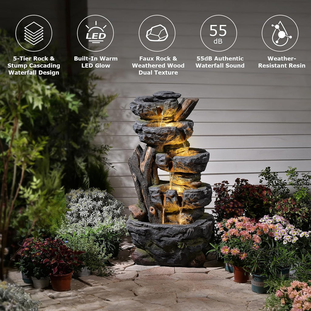 47.2' Tall Outdoor Water Fountain 5-Tier Large Cascading Waterfall Fountain Realistic Rock & Tree Trunk Design with LED Lights, Relaxing Water Flow for Garden, Patio, Backyard & Porch Decor
