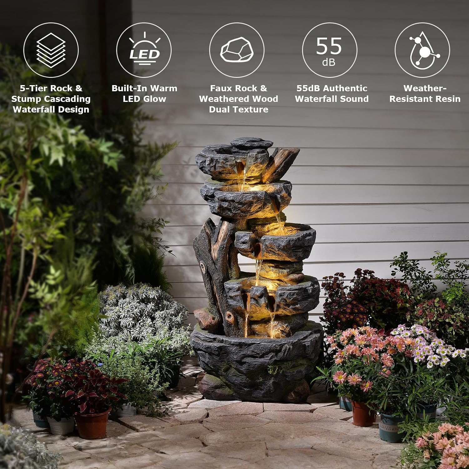 47.2' Tall Outdoor Water Fountain 5-Tier Large Cascading Waterfall Fountain Realistic Rock & Tree Trunk Design with LED Lights, Relaxing Water Flow for Garden, Patio, Backyard & Porch Decor