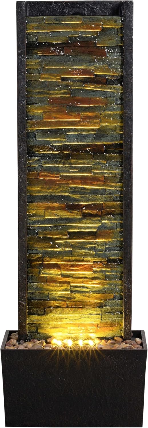 Cheng Pin 38 Inch Tall Indoor & Outdoor Water Fountain, Staggered Stone Wall Waterfall Fountain with LED Lights, Relaxing Ambience Water Feature Decor for Living Room, Bedroom, Office, Garden, Yard
