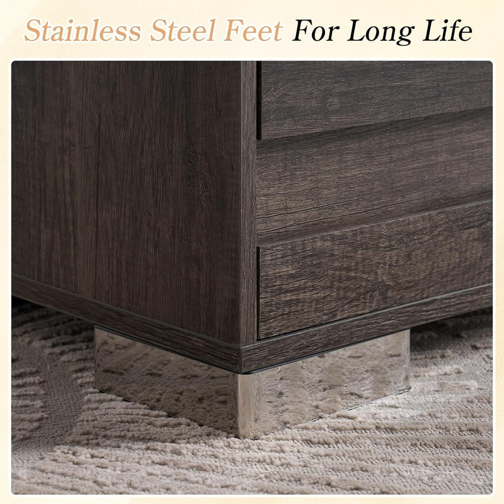 LUXOAK 3 Pcs Bedroom Furniture Set - Farmhouse 5 Drawer Dresser and Nightstand Sets of 2 with Charging Station, Slated Handles & Stainless Steel Feet, Rustic Grey