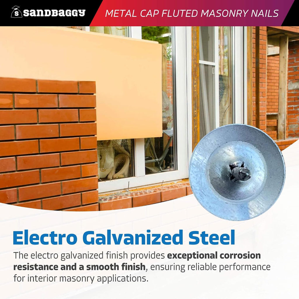 Sandbaggy 1' Metal Cap Fluted Masonry Nails - Electro Galvanized Steel (appx. 75 nails/lb) - Cement, Brick, Concrete Nails (25, Pounds)