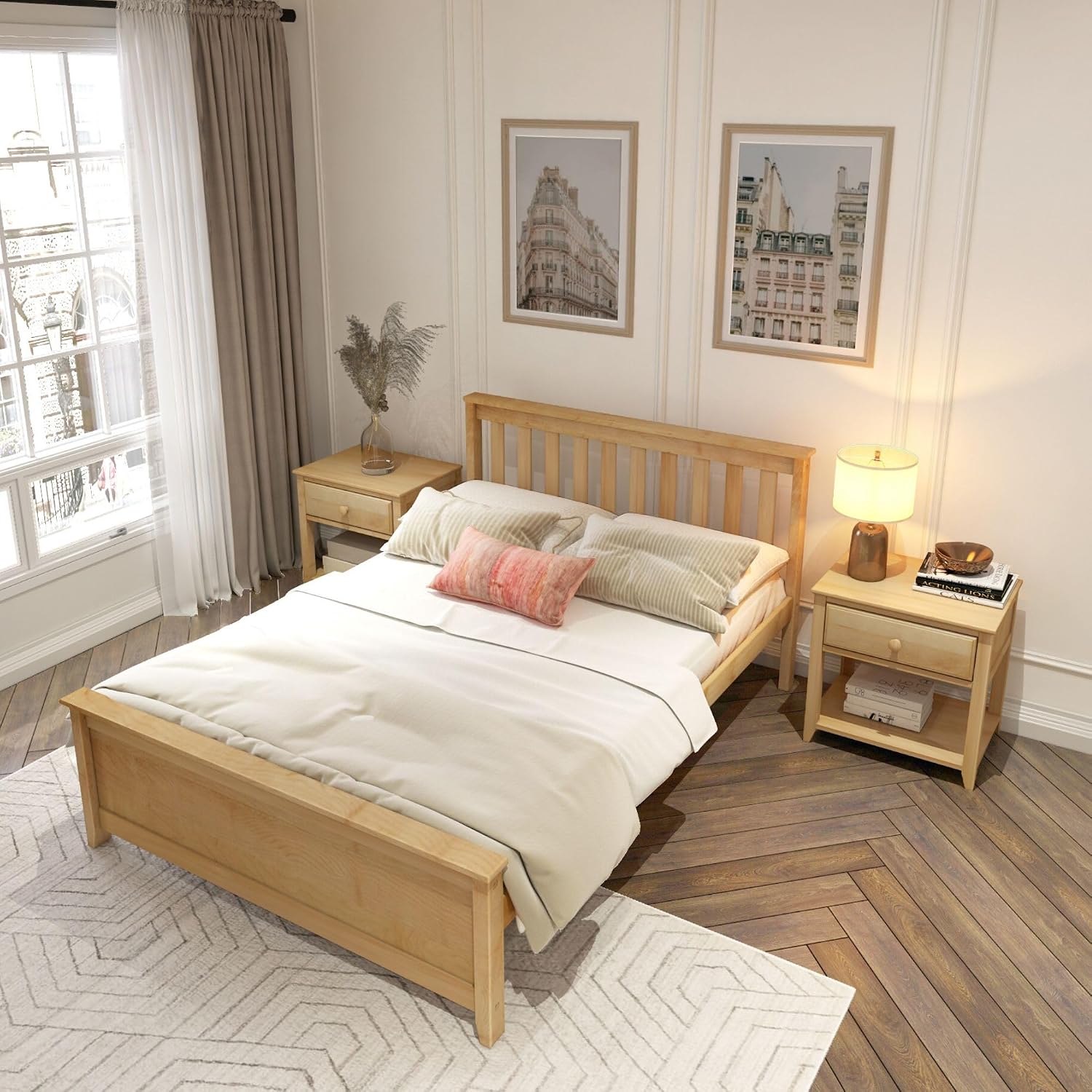 Plank+Beam Solid Wood Full Bed Frame, Platform Bed with Headboard, Natural
