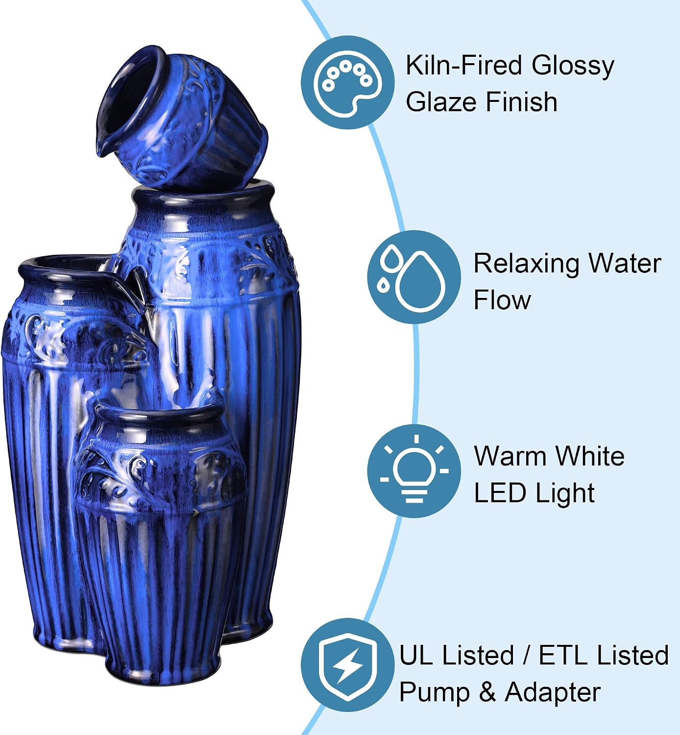 Glitzhome 27.25' H Outdoor Garden Water Fountain with LED Lights and Pump, 4 Tier Cobalt Blue Embossed Pattern Ceramic Pots Cascading Floor Standing Fountain for Porch Deck Patio Backyard Decoration