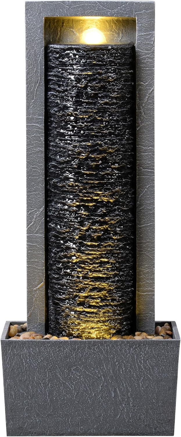 Teamson Home Framed Layered Rock Design Outdoor Water Fountain–Warm Glow Lighting with Steady Flow & Electric Pump, Dark Gray