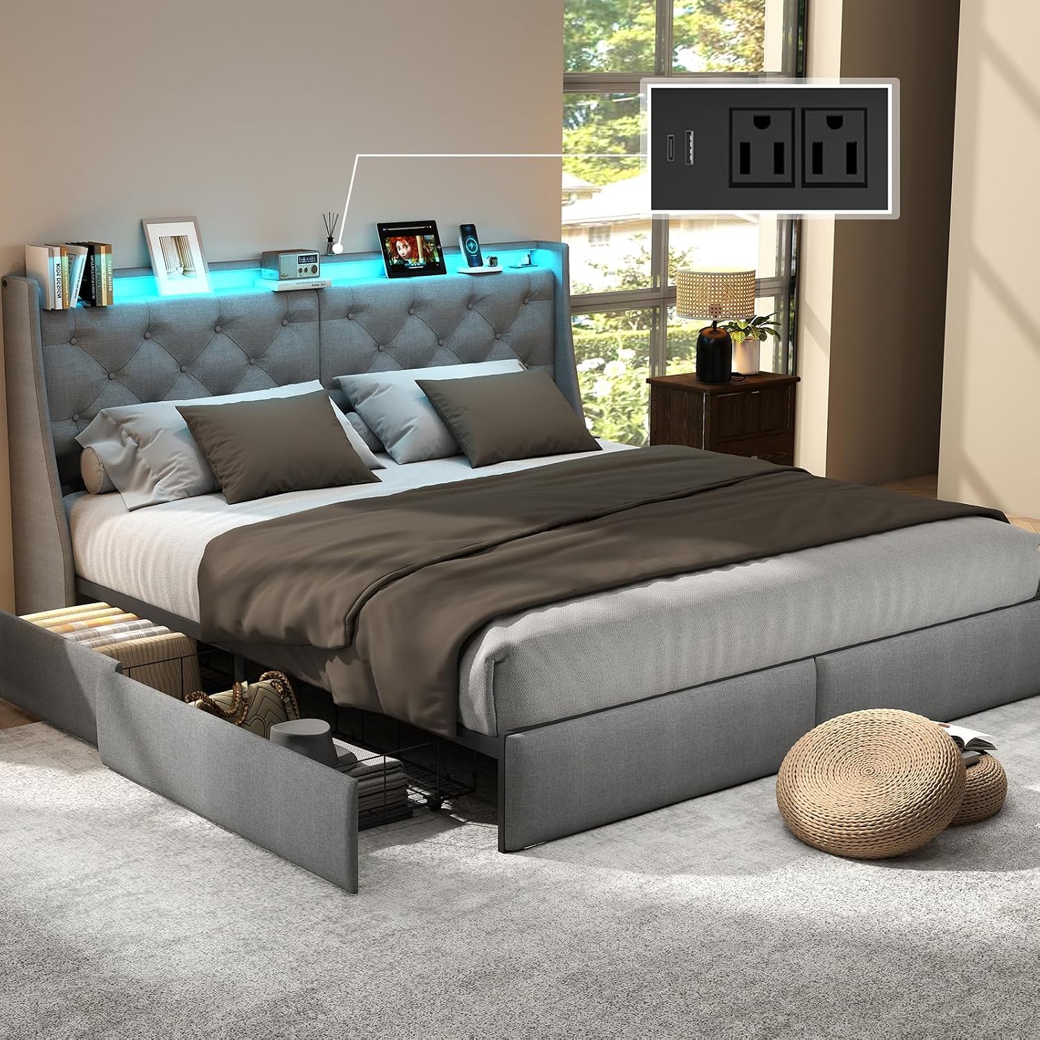 King Size Bed Frame with LED Lights and Charging Station, Upholstered Platform Bed with Storage Headboard and 4 Drawers, Metal Slat Support, Noise-Free, No Box Spring Needed, Easy Assembly, Gray