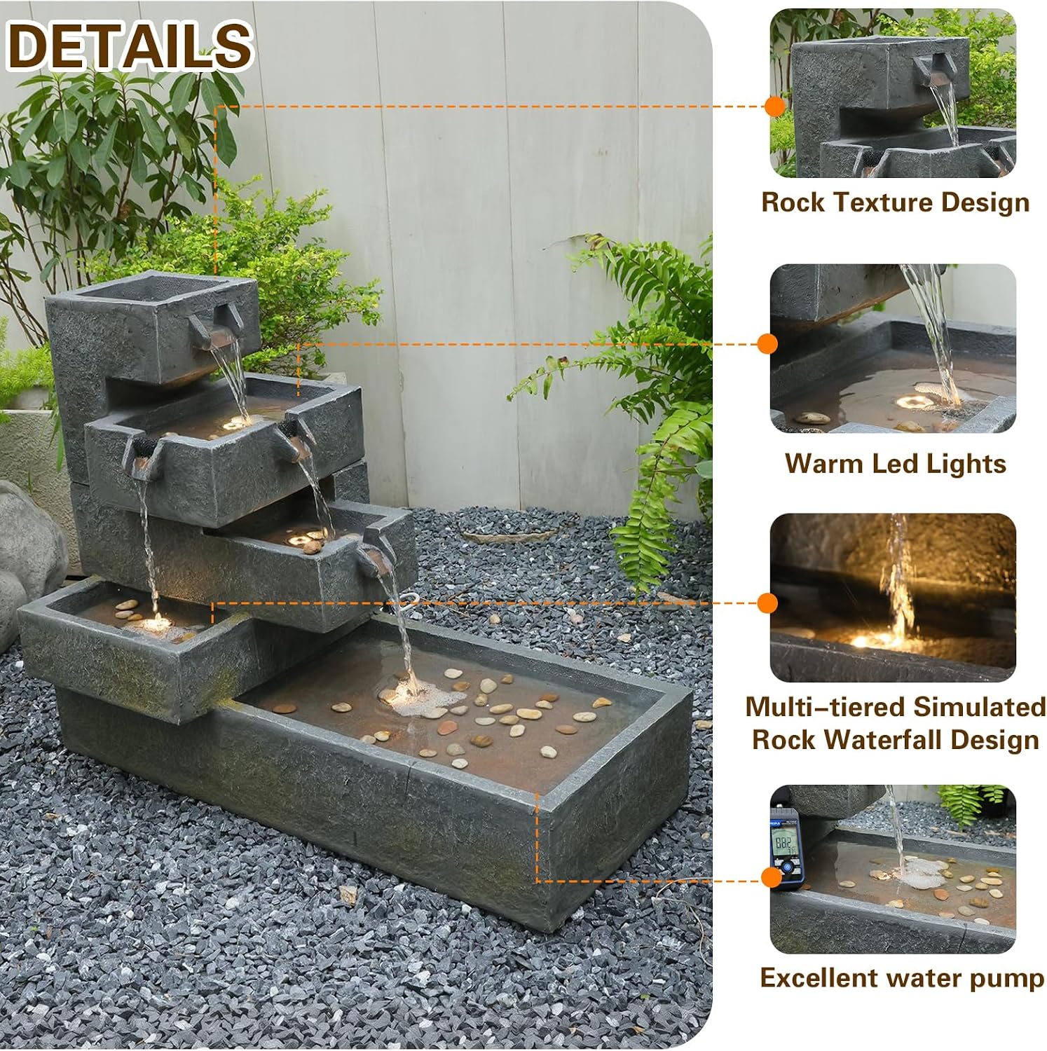 Sunlinua 26' H Outdoor Water Fountain with 4 Tiers Cascading Rock Texture Waterfall Fountains with LED Lights Outdoor Water Fountain for Garden Patio Backyard Porch Home Decor