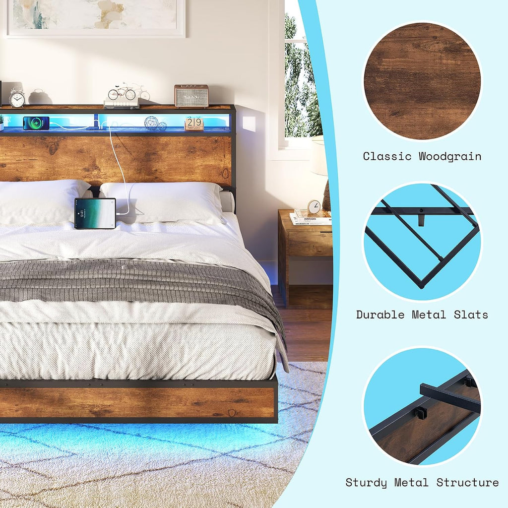 AMERLIFE Queen Size Floating Bed Frame with 2-Tier Storage Headboard, Metal Bed Frame with Charging Station & LED Lights, No Box Spring Needed, Rustic Brown