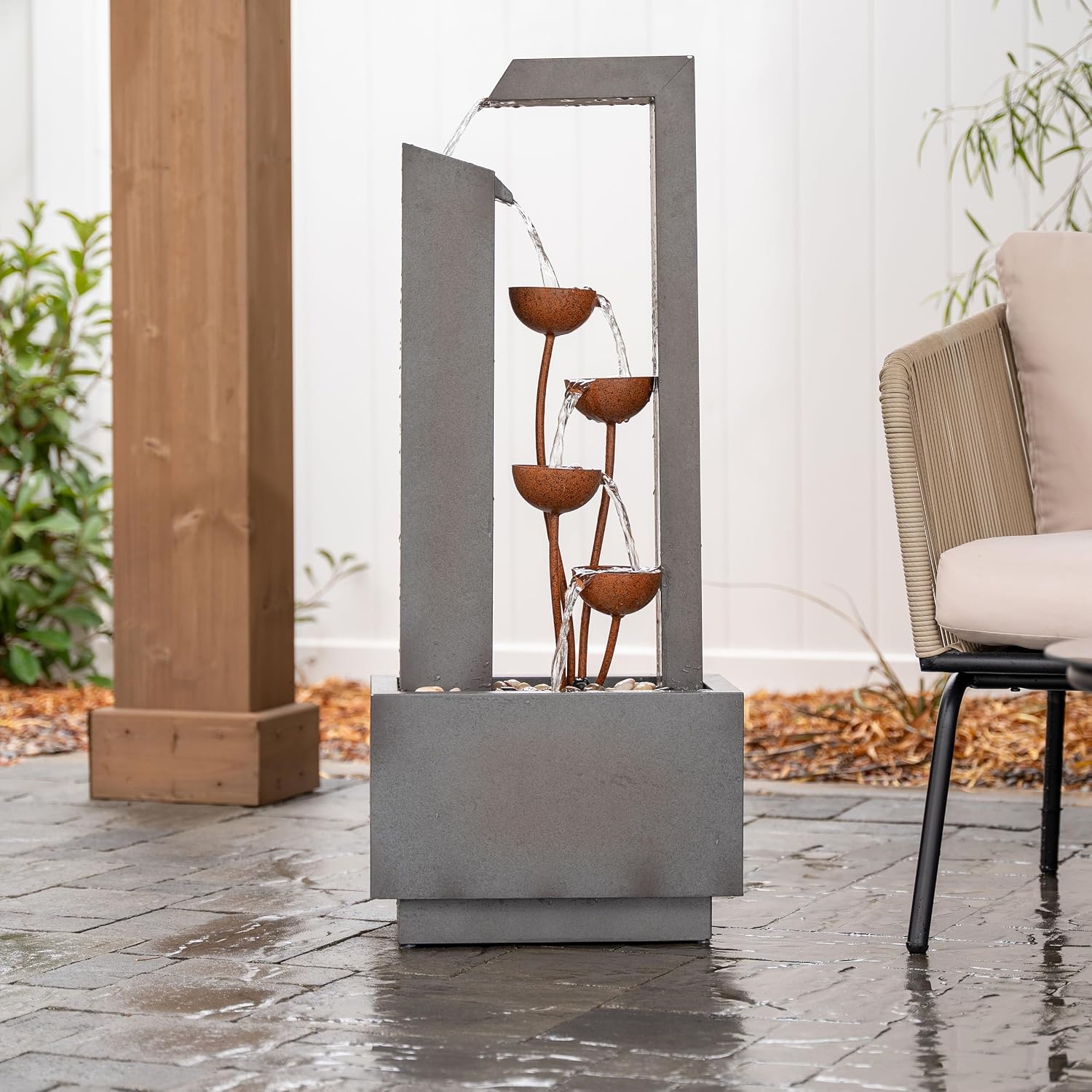 XBrand 38-Inch Freestanding Sculptural Metal Multi-Tier Flower Water Fountain, Gray and Bronze