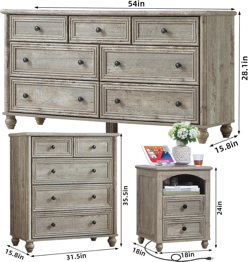 Farmhouse Dressers & Night Stand Set of 3, Wood 54' Wide 7 Drawer Dresser & 35.5'Tall Chest of Drawers, 18' with Charging Station Nightstand, Bedroom Furniture Dresser Set for Home Living Room Hallway