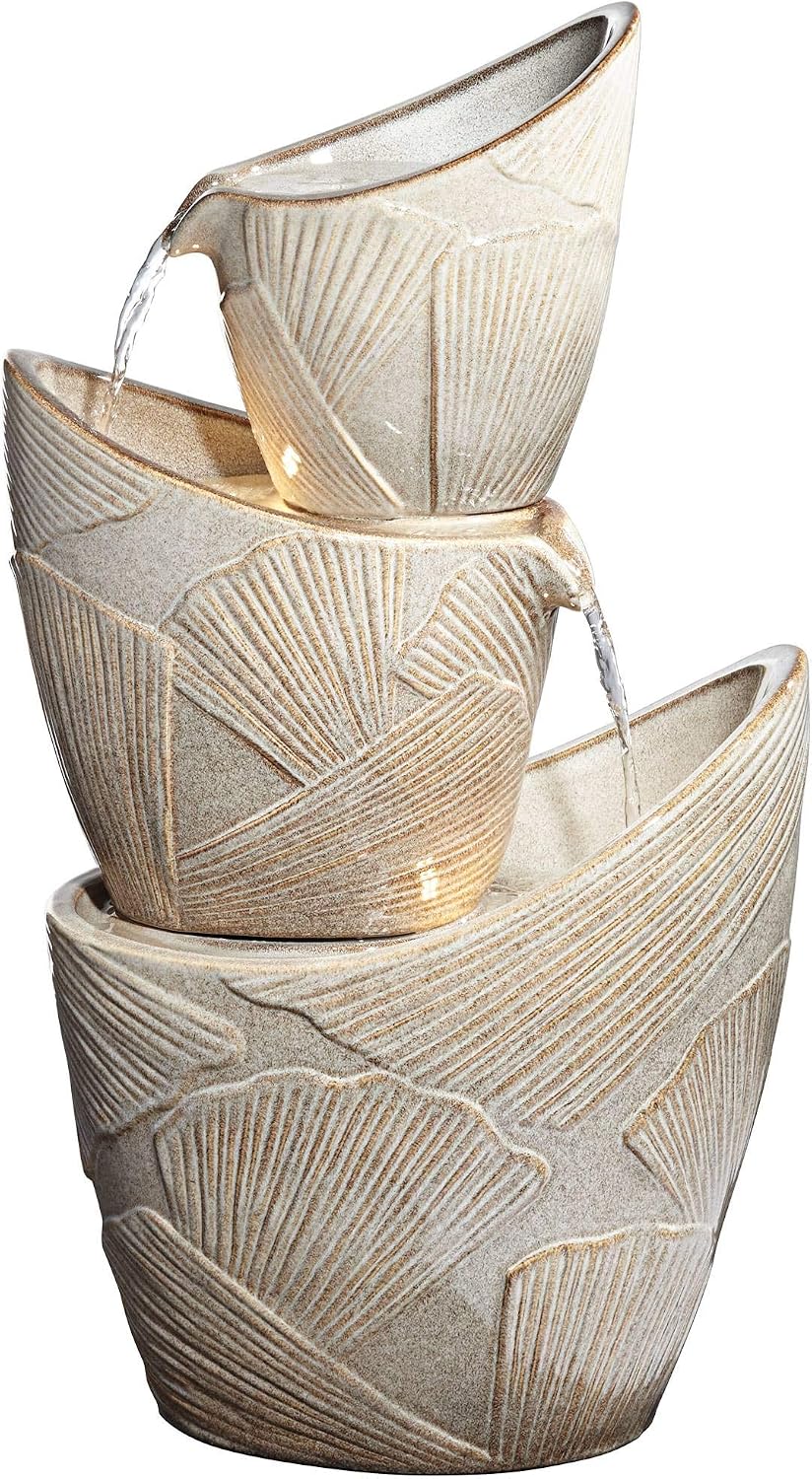 Three Urn 30' High Large Coastal Modern Indoor Outdoor Decor Faux Stone Floor Fountain with Light LED Waterfall Cascading Water Feature for Outside Garden Patio Yard Backyard - John Timberland