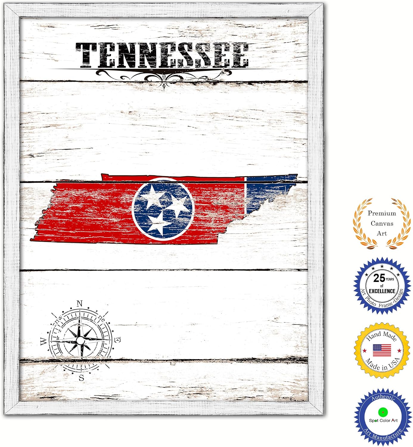 Tennessee State Map Flag Cottage Shabby Chic Gifts Home Decor Wall Art Canvas Print, White Wash Wood Frame, 22' x 29'