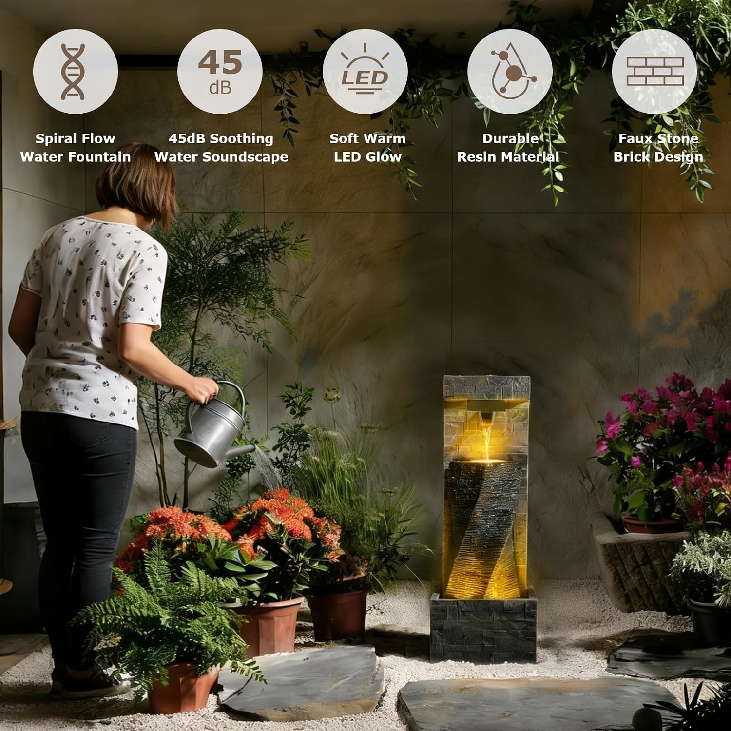 39.8'' Tall Modern Spiral Waterfall Fountain Outdoor/Indoor Water Fountain Resin Stone-Like Water Feature with LED Lights for Outside, Garden, Patio, Porch, Deck, Backyard, Home Decor