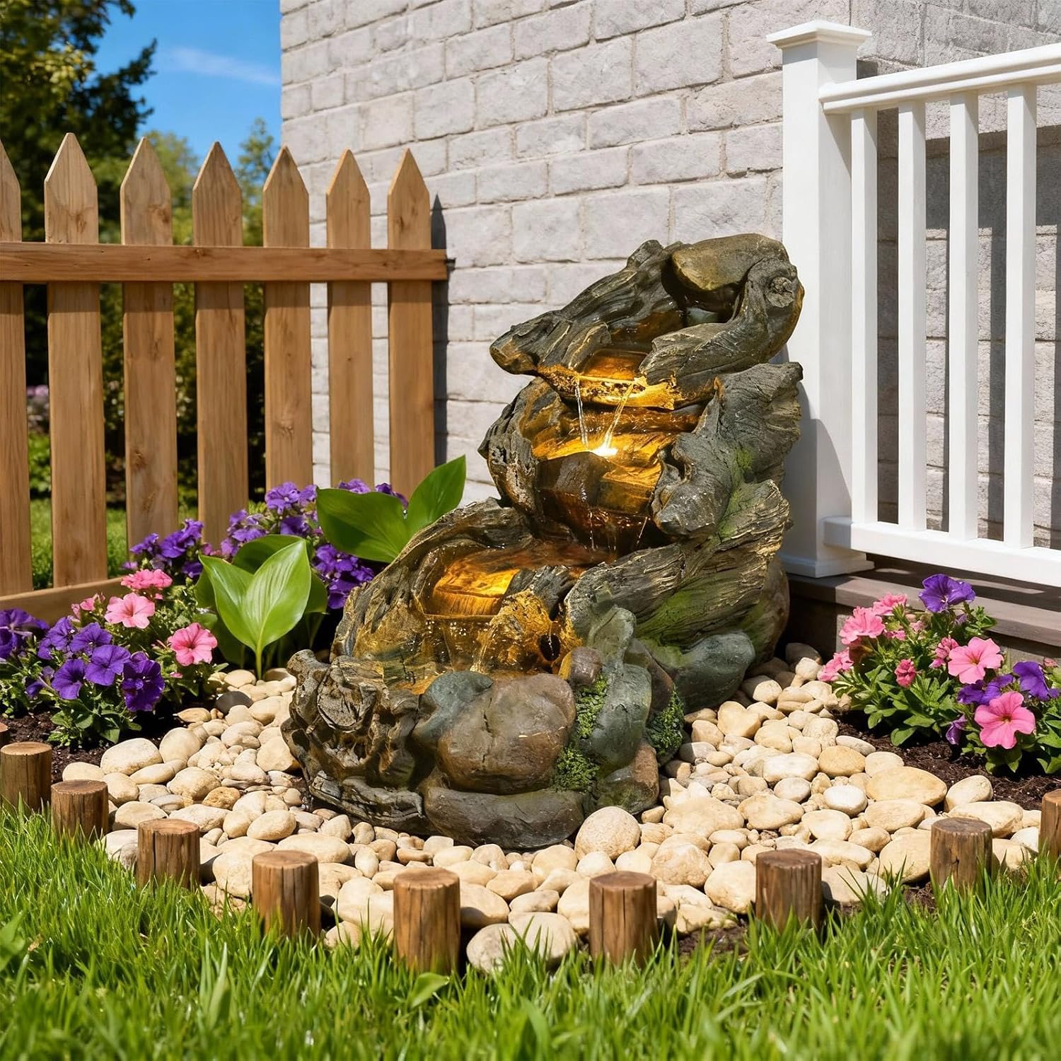 Sunlinua 37' L Outdoor Water Fountain with 3 Tiers Cascading Realistic Tree Trunk Waterfall Fountains with LED Lights Outdoor Water Fountain for Garden Patio Backyard Porch Home Decor