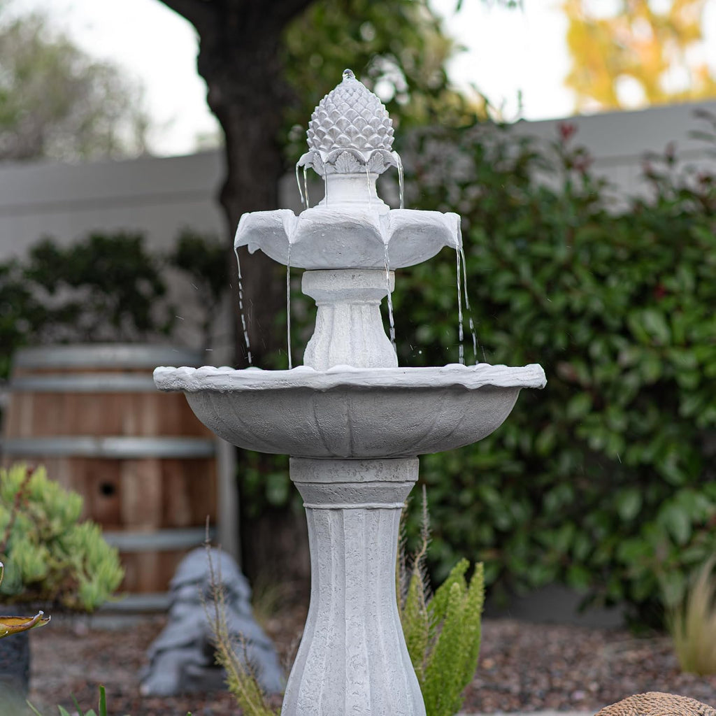 XBrand 44' Tall White Fiberglass/Resin 2-Tiered Solar Water Fountain w/Solar Panel and Auto-Shut Off Pump for Home Garden Yard Decor