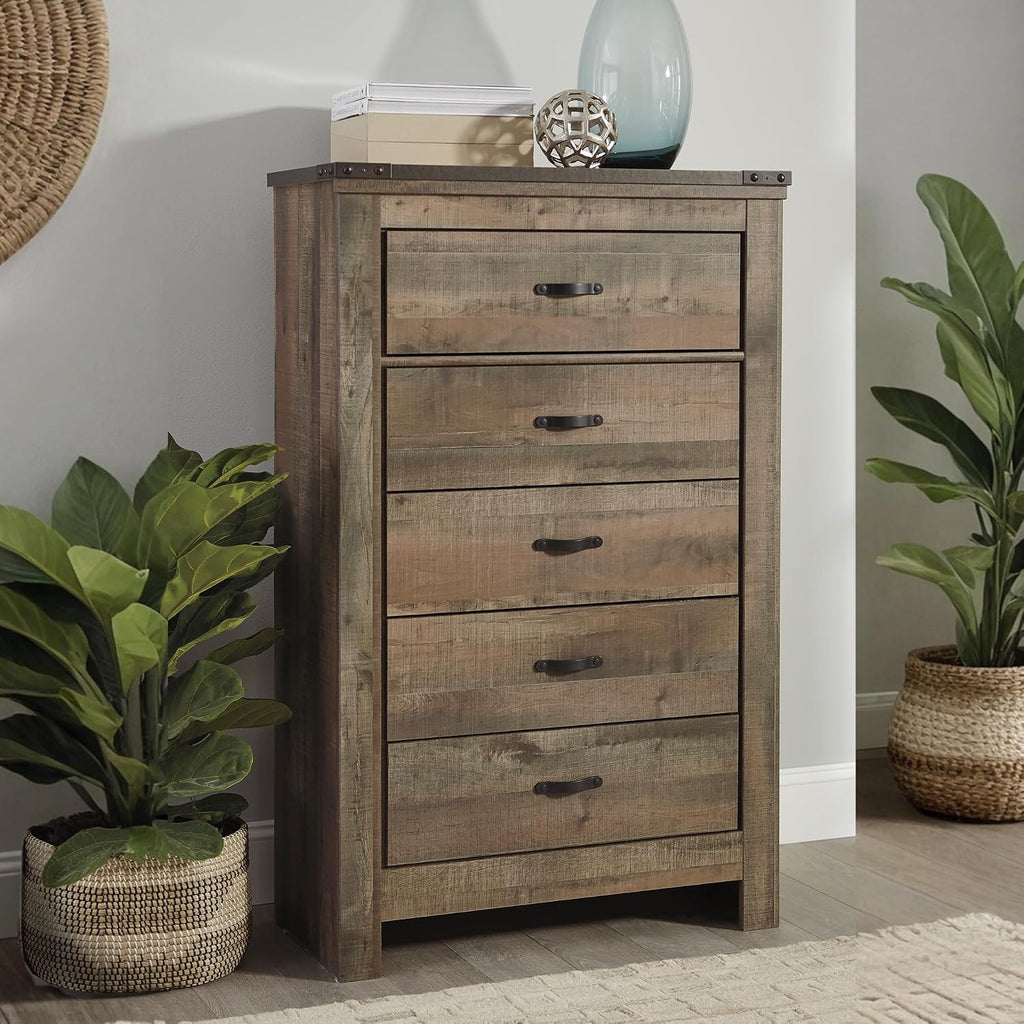 Signature Design by Ashley Trinell Rustic 5 Drawer Chest of Drawers with Nailhead Trim, Warm Brown