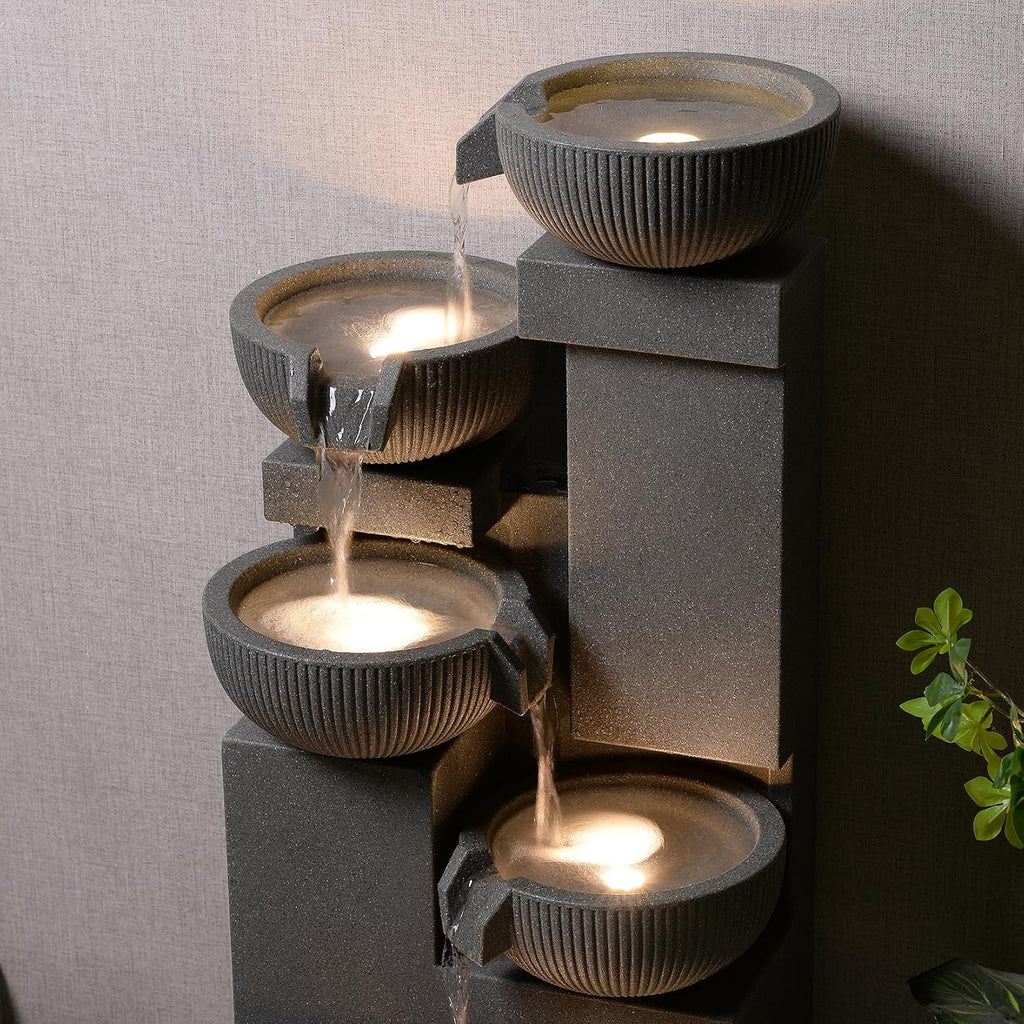 39.76' H 5-Tiers Cascading Bowls Outdoor Water Fountain Made with Eco-Friendly Recyclable Materials, Polyethylene Waterfall Fountain, Outdoor Decor with LED Lights for Patio, Backyard (39.76')