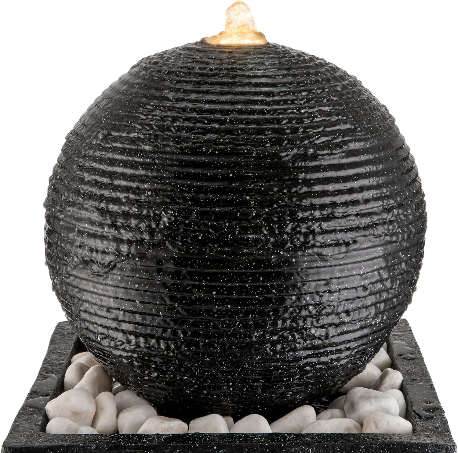 Glitzhome Water Fountain Outdoor, Outdoor Fountain with Lights, 40.5' H Modern Large Geometric Pedestal and Sphere Polyresin Outdoor Water Feature with Pump for Garden, Patio, Backyard, Porch (Black)